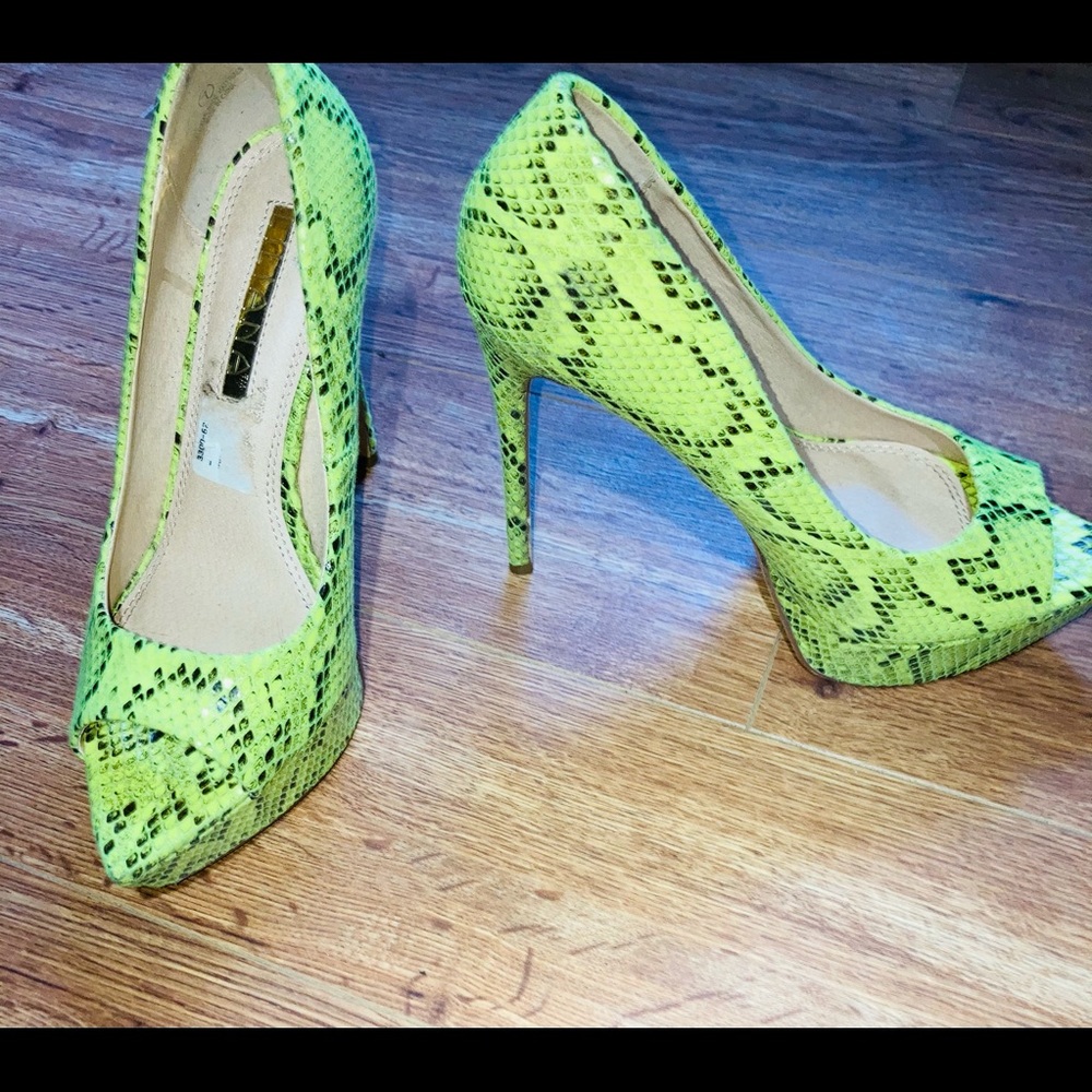 Lime Green Snake Skin Print Liliana Peep Toe Heels